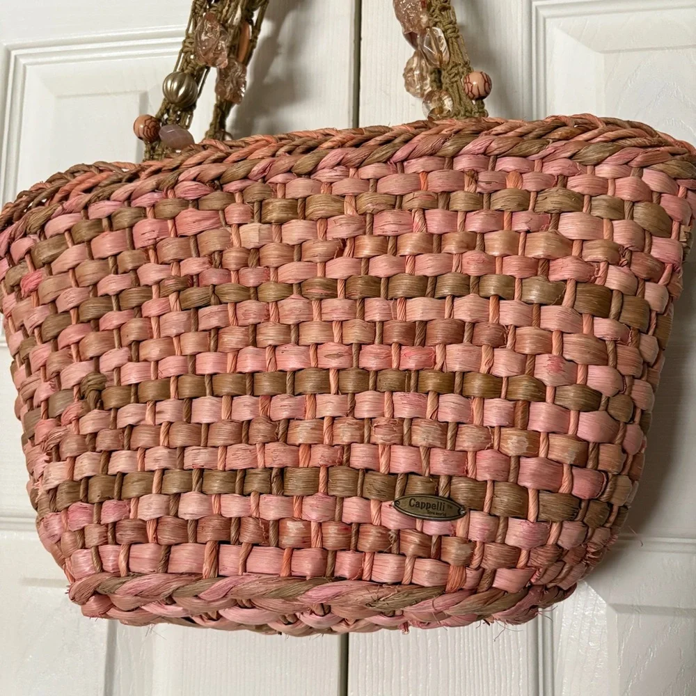 Cappelli Straworld Y2K Boho Pink Woven Shoulder Tote Style Bag w/ Beaded Straps